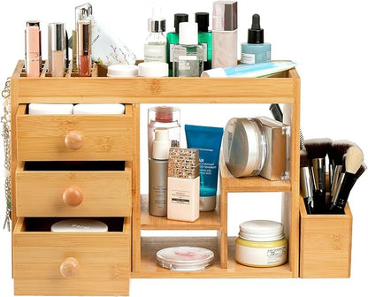 Elsjoy Large Countertop Bamboo Makeup Organizer with 3 Drawers, 12-Grid Lipstick Holder, Jewelry Hanging Hooks, Makeup Brush Holder, Desktop Wood Cosmetic Organizer Stand for Vanity