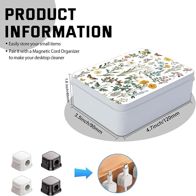 Metal Tin Box with Lid for Game Cards Home Organizer Candles Keys Crafts Storage - Equipped with 4 Magnetic Cord Clips，Flowers and Butterflies