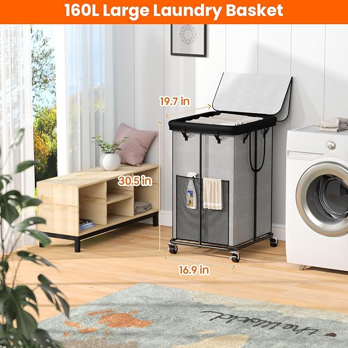 160L Laundry Hamper with Lid, Rolling Laundry Basket with Wheels, Large & Tall Dirty Clothes Hamper with Metal Frame and Removable Bag for Bedroom Aesthetic, Laundry Room, Bathroom, Dorm-Grey