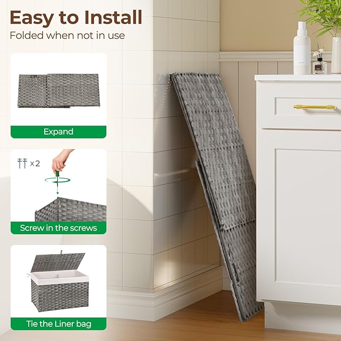 GREENSTELL Storage Basket with Lid, 17.2 Gallon(65L) Small Wicker Blanket Storage Basket with Handles, Foldable, 2 Removable Liner Bags, Metal Frame, for Bedroom, Laundry Room, Grey, 22.2"*13.4"*13.4"
