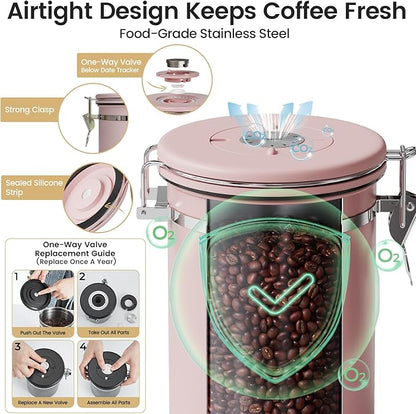 Veken Coffee Canister with Window, Airtight Stainless Steel Kitchen Food Storage Container with Lids, Date Tracker and Scoop for Grounds Coffee, Beans, Tea, Flour, Cereal, Sugar Jars, 22OZ, Pink