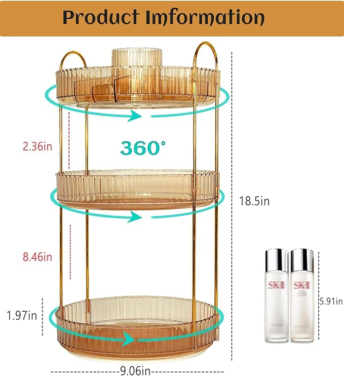 VNIMTI Skincare Organizers 360 Rotating, 3 Tier Makeup Organizer Countertop, Spinning Cosmetics Organizer Display Cases, Beauty Storage for Vanity, Countertop, Bathroon (Gold - Separate Grids)