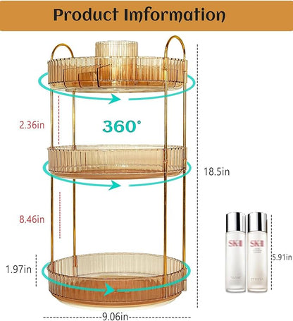 VNIMTI Skincare Organizers 360 Rotating, 3 Tier Makeup Organizer Countertop, Spinning Cosmetics Organizer Display Cases, Beauty Storage for Vanity, Countertop, Bathroon (Gold - Separate Grids)