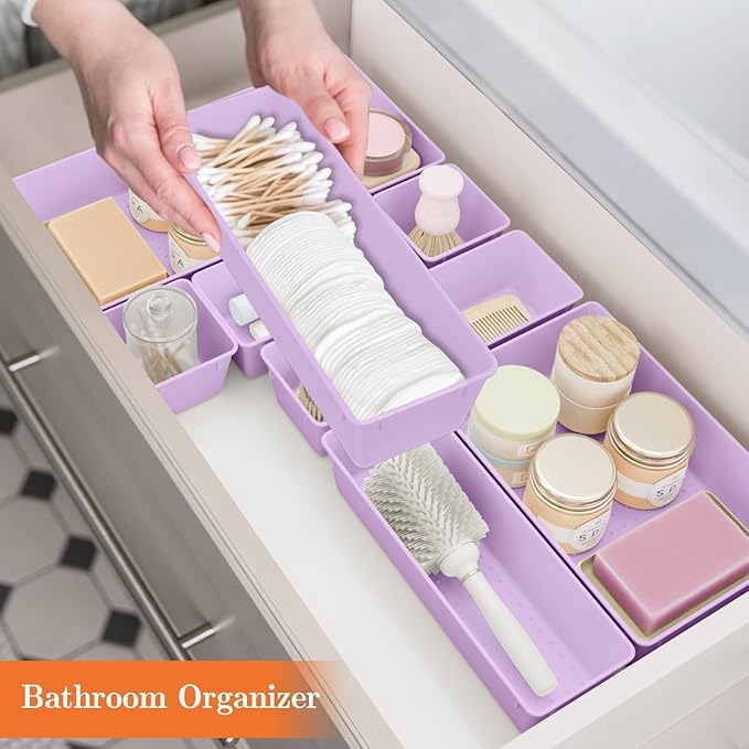 SpaceHacks 25 PCS Plastic Drawer Organizer Set, 4-Size Versatile Organizer Trays & Storage Bins for Makeup, Jewelry, and Gadgets in Bathroom, Bedroom and Office, Purple