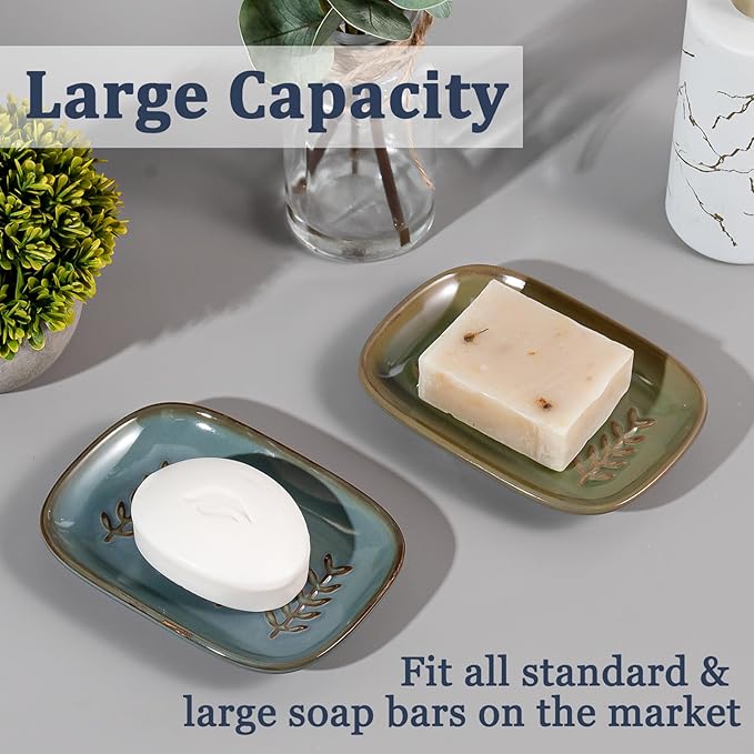 HighHerz Aesthetic Ceramic Soap Dish for Shower, Soap Holder with Raised Relief, Shower Soap Dish for Shampoo Bar Or Sponge, Soap Saver for Bathroom, Kitchen, Sink, Decorative Soap Tray (Blue)
