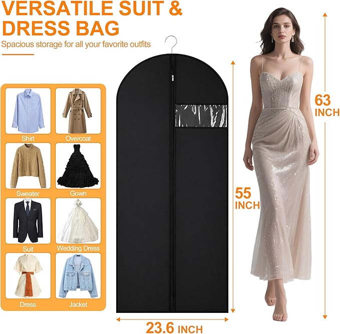 Garment Bags for Travel & Hanging Clothes, 55" Suit Bag for Closet Storage, Lightweight Dress Bags for Gowns Long, Dustproof Garment Covers with Clear Window & Reinforced Zipper, Black (1 Pack)