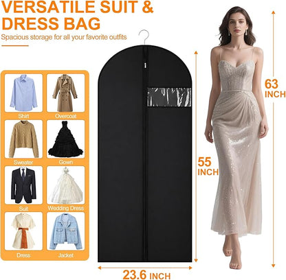 Garment Bags for Travel & Hanging Clothes, 55" Suit Bag for Closet Storage, Lightweight Dress Bags for Gowns Long, Dustproof Garment Covers with Clear Window & Reinforced Zipper, Black (1 Pack)