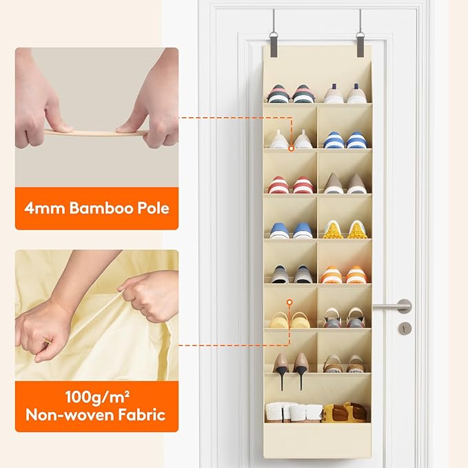 Lifewit 8 Tier Over the Door Shoe Organizer with 15 Large Deep Pockets, Fabric Hanging Shoes Shelf for Closet, Dorm Storage, Fit Up to 16 Pair Shoe Rack Holder for Sneakers, Boots, Beige