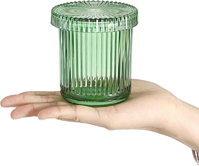 Hipiwe 2 Pcs Qtip Holders Bathroom Dispenser Glass Apothecary Jars with Lids Cotton Swab Holder Bathroom Canisters for Cotton Swabs Balls Round Pad, Vanity Organizer and Storage Decor, Green