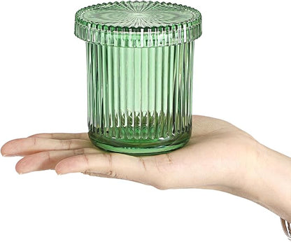 Hipiwe 2 Pcs Qtip Holders Bathroom Dispenser Glass Apothecary Jars with Lids Cotton Swab Holder Bathroom Canisters for Cotton Swabs Balls Round Pad, Vanity Organizer and Storage Decor, Green