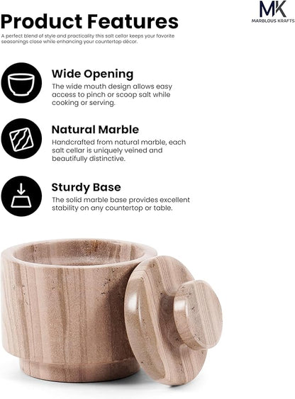 MARBLOUS KRAFTS Marble Salt Cellar 3" Inch Brown Salt Holder with Lid for Spice Jar & Stone Salt Container, Modern Sugar Bowl, Countertop Storage, Ideal Mother’s Day Gift, Home Decor