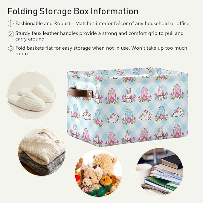 Large Storage Basket Easter Bunnies and Eggs Foldable Storage Box Organizer Bins with Handles for Bedroom Home Office