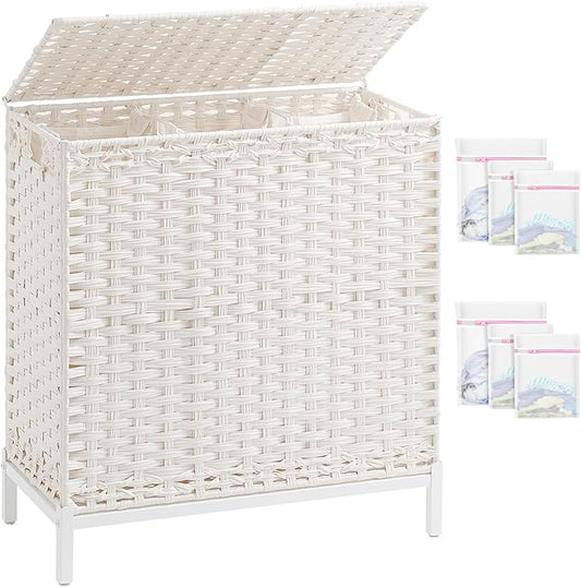 SETVSON Laundry Hamper with Lid 132 L, (35 Gallons) Clothes Hamper with Lid, Handwoven Rattan Laundry Hamper with Metal Heightened Feet, Laundry Hampers with 3 Removable Liner Bags for Laundry-White