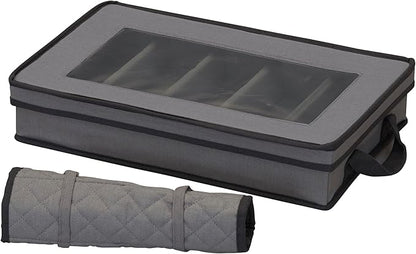 Household Essentials Windowed Flatware Storage Chest, 5 Compartment Storage with Serving Utensil Pouch, Removable Lid, Stackable, Foldable, Gray