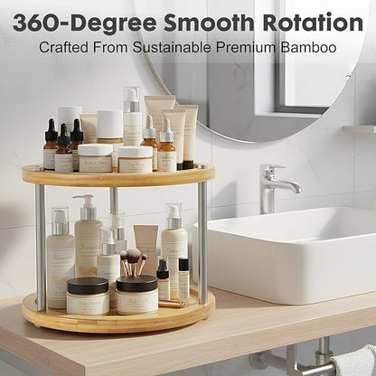 2 Tier Lazy Susan Organizer,Revolving Spice Rack,10 inch Wood Lazy Susan Turntable for Cabinet, Shelf, Countertop, or Table