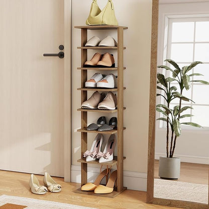 Giantex 8-Tier Vertical Shoe Rack, Patented Corner Shoe Storage Organizer for 8 Pairs, Freestanding Narrow Shoe Rack, Morden Space-Saving Shoe Tower for Entryway, Living Room, Bedroom, Natural