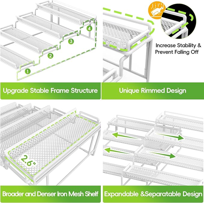 4 Tier Spice Rack Organizer for Cabinet, White (2 PCS S&L) Seasoning Organizer Rack for Inside Cabinets, Countertop, Pantry Storage