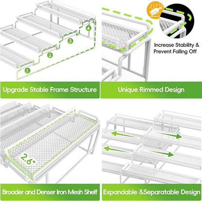 4 Tier Spice Rack Organizer for Cabinet, White (2 PCS S&L) Seasoning Organizer Rack for Inside Cabinets, Countertop, Pantry Storage