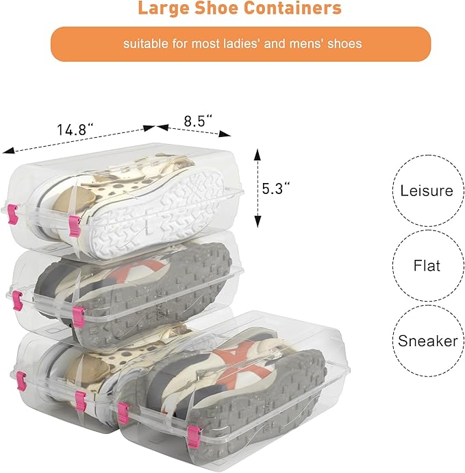Shoe Organizer for Closet, 4 Pack Plastic Shoe Storage Boxes, Space Saving Stackable Shoe Storage Bins, Sneaker Storage Containers with Clear Lids for Display, Red