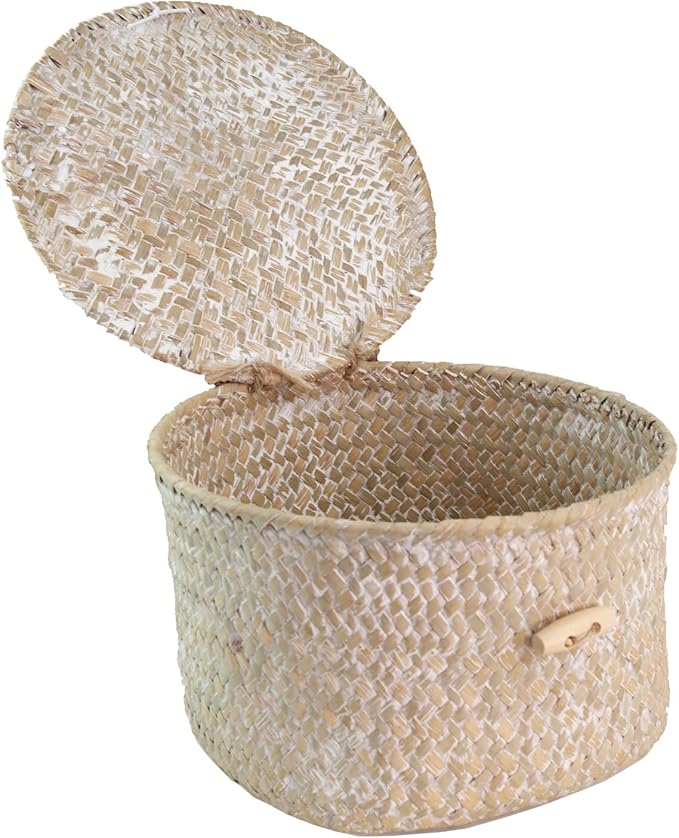 Seagrass Handmade Basket with Lid, Small Round Basket for Storage, Decorative Home Organizer Decor(7"L X 5"H, White)