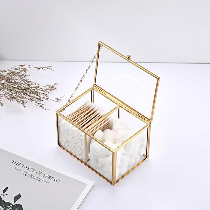 Hipiwe 2 Slots Glass Qtip Holder Gold Q-tip Storage Box with Lid Bathroom Accessories Container for Cotton Balls Cotton Swab Holder Rectangular Vanity Countertop Organizer