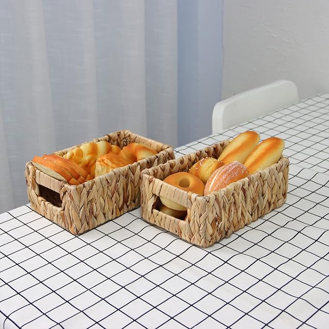 YAHUAN Woven Water Hyacinth Baskets for Organizing, Rectangular Wicker Baskets with Built-in Handles, Small Storage Baskets for Shelves (Water Hyacinth 2-Pack)