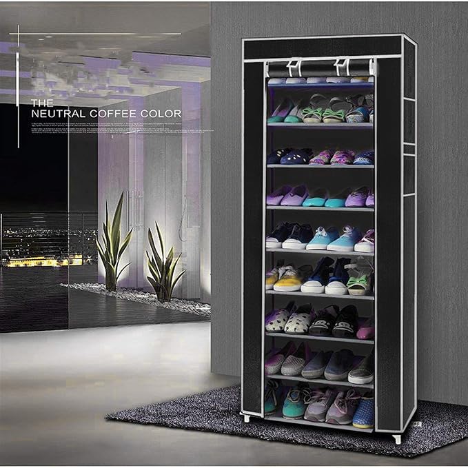lapday 10 Tier Shoe Rack with Covers, Narrow Tall Shoe Shelf with Side Pocket, Free Standing Shoe Storage Cabinet for Closet Hallway,Bedroom,Entryway (Black), Large, US-2024