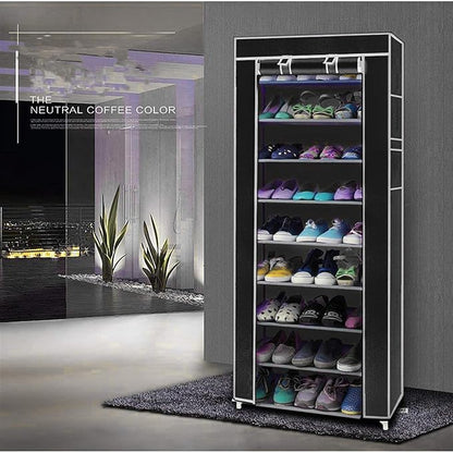 lapday 10 Tier Shoe Rack with Covers, Narrow Tall Shoe Shelf with Side Pocket, Free Standing Shoe Storage Cabinet for Closet Hallway,Bedroom,Entryway (Black), Large, US-2024