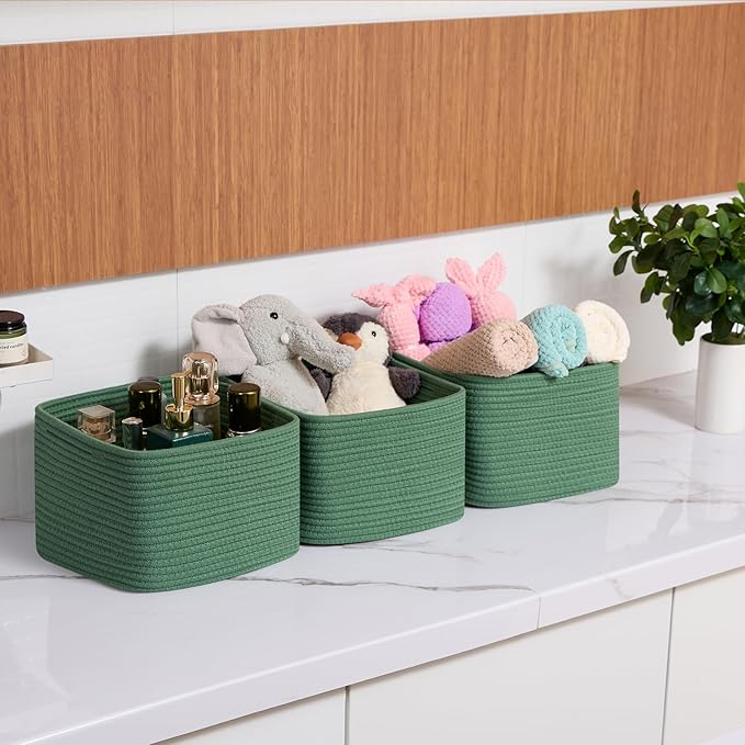 MiniArk Small Organizing Baskets for Cubes Shelf, 9.7x9.7x7.1 Inch Rope Woven Storage Bins for Nursery Shelves Storage, Cute Toy Basket, Square 3 Packs Green