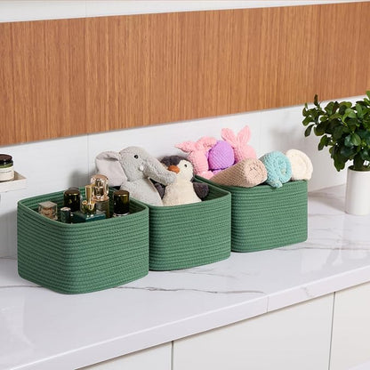MiniArk Small Organizing Baskets for Cubes Shelf, 9.7x9.7x7.1 Inch Rope Woven Storage Bins for Nursery Shelves Storage, Cute Toy Basket, Square 3 Packs Green