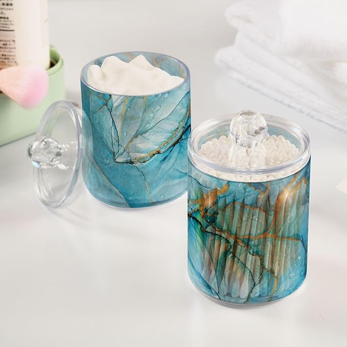 4 Pack Qtip Holder Dispenser Blue Marble Liquid Watercolor Cotton Ball Swab Round Pads Floss Clear Bathroom Storage Containers Plastic Apothecary Jars with Lids