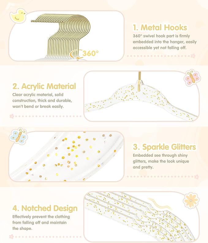VIS'V Baby Hangers, 11 Inch Acrylic Kids Glitter Hangers for Infant Toddler Nursery Closet Clothes Organization, Gold, 30 Pcs