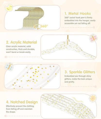 VIS'V Baby Hangers, 11 Inch Acrylic Kids Glitter Hangers for Infant Toddler Nursery Closet Clothes Organization, Gold, 30 Pcs