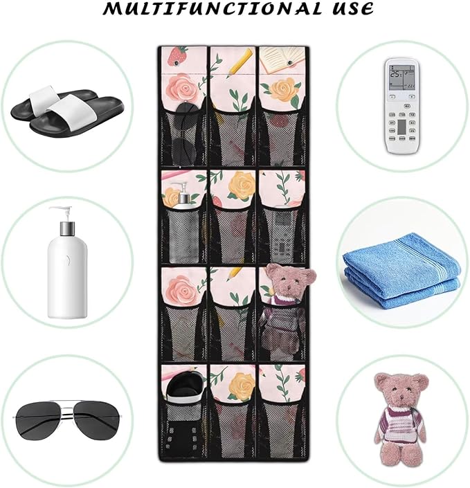 Rose Hanging Storage Bags,Shoe Organizer Door Hanger with 12 Mesh Large Pockets,Behind Door Shoes Hang Holder Rack