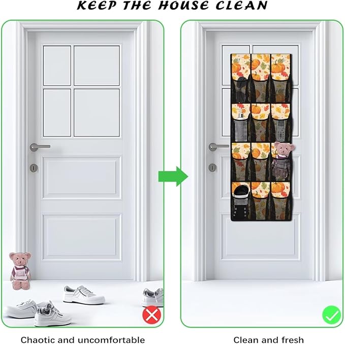 Pumpkin Shoe Organizer Door Hanger for Dorm Room Essentials Home Decor Thanksgiving Door Hanging Shoe Organizer for Living Room,Mesh Fabric Wall Hanging Storage with 12 Pockets