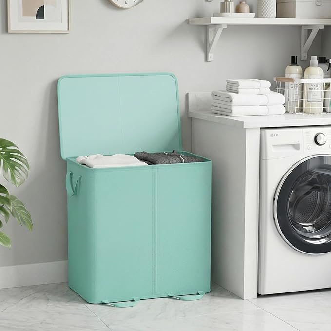 Lifewit Double Laundry Hamper with Lid and Removable Laundry Bags, Large Collapsible 2 Dividers Dirty Clothes Basket with Handles for Bedroom Laundry Room Closet Bathroom College, 136L Sage Green