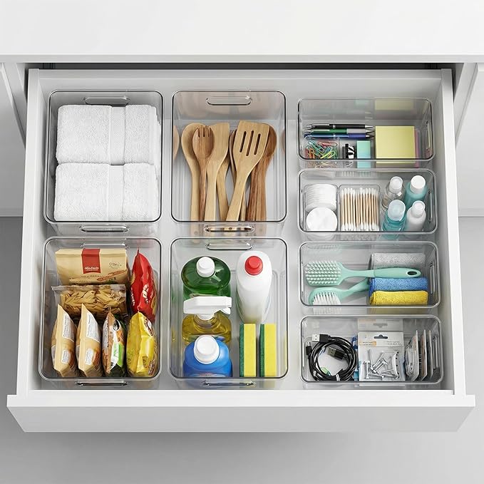 MOONEDGE 8 Pack Modular Clear Plastic Storage Organizer Bins – 4 Large & 4 Narrow, Nestable Space-Saving System for Pantry, Kitchen, Fridge, Bathroom & Cabinet Organization - Versatile & Easy to Use