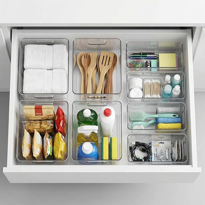 MOONEDGE 8 Pack Modular Clear Plastic Storage Organizer Bins – 4 Large & 4 Narrow, Nestable Space-Saving System for Pantry, Kitchen, Fridge, Bathroom & Cabinet Organization - Versatile & Easy to Use