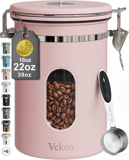 Veken Coffee Canister with Window, Airtight Stainless Steel Kitchen Food Storage Container with Lids, Date Tracker and Scoop for Grounds Coffee, Beans, Tea, Flour, Cereal, Sugar Jars, 22OZ, Pink