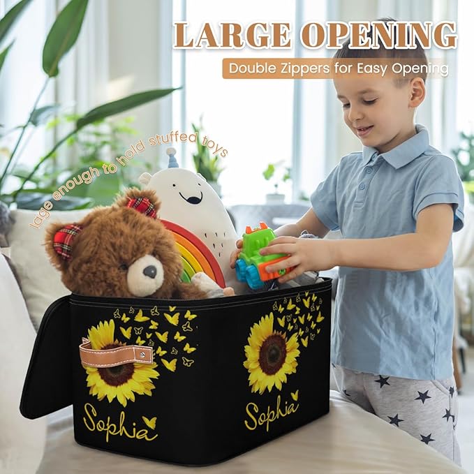 Custom Sunflower Storage Bins with Lid, Foldable Personalized Storage Basket Boxes with Handle Shelf Basket Closet Organizer Cube