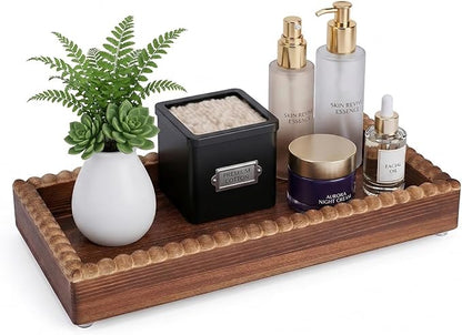 Bathroom Counter Organizer Tray, Wooden Countertop Vanity Trays with Beaded Edge, Farmhouse Decorative Tray Stand for Toilet Tank Candle Sink Kitchen Coffee Bar