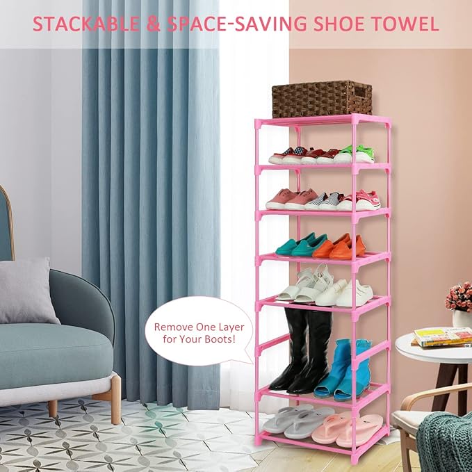 LNYZQUS Small Kids Shoe Rack, 4 Tier Pink Shoe Organizer Shoe Shelf for Closet,Stackable Narrow Shoe Stand Slim Zapateras Organizer,Cute Toddler Shoe Rack Floor for Women & Girls-Full Pink