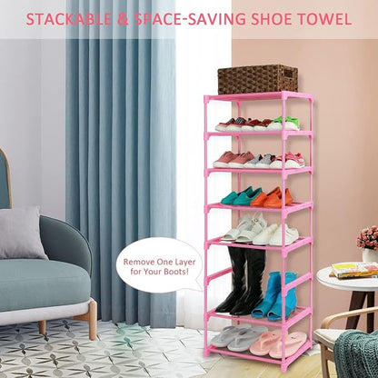 LNYZQUS Small Kids Shoe Rack, 4 Tier Pink Shoe Organizer Shoe Shelf for Closet,Stackable Narrow Shoe Stand Slim Zapateras Organizer,Cute Toddler Shoe Rack Floor for Women & Girls-Full Pink