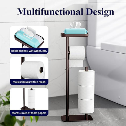 Kitsure Toilet Paper Holder Free Standing – Rustproof Metal Toilet Paper Stand for 4 Rolls with Anti-Slip Base and Shelf for Phone & Small Items, Bathroom Organizers and Storage, Medium, Brown