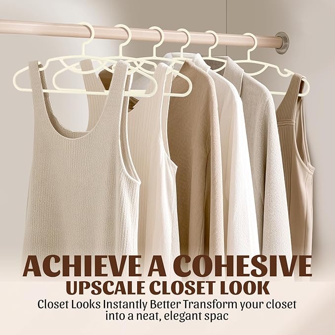 30 Pack Heavy Duty Plastic Hangers, Thick Strong Plastic Clothes Hangers for Coat Jacket and Shirt, Space Saving Clothes Hangers with Shoulder Grooves for Tank Top, Blouses, Strappy Dresses (Beige)
