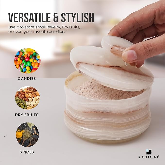 Radicaln Marble Salt Cellar with Lid 4" Inch White Onyx Handmade Salt Jar & Table Salt Storage For Kitchen Countertop, Ideal Salt Container, Salt Dish & Sugar Bowl For Kitchen Counter