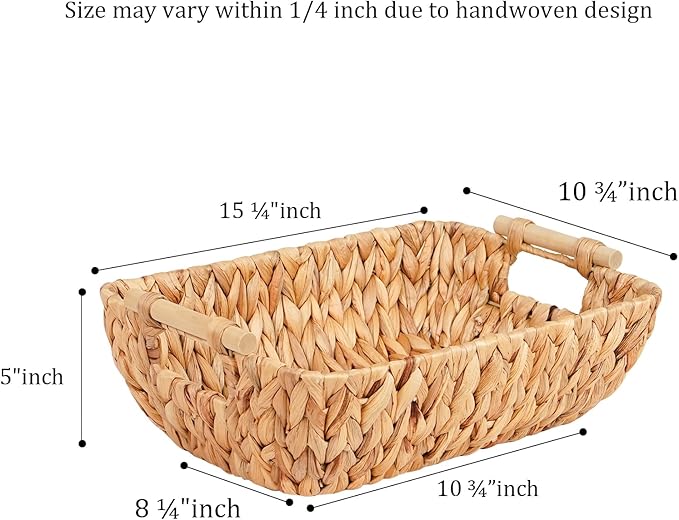 Wicker Storage Baskets with Wooden Handles, Hand-Woven Water Hyacinth Storage Organizers for Throw Blankets, Bedroom, Living Room, Laundry(2 Pack)