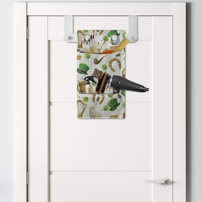 Ambesonne Clover Hanging Pocket Organizer, Irish Culture Themed Pattern Beer Horse Shoe Coin Pot Leprechaun Hat, Printed Polyester Storage Bag with Pockets, 9" x 16", Ivory Multicolor