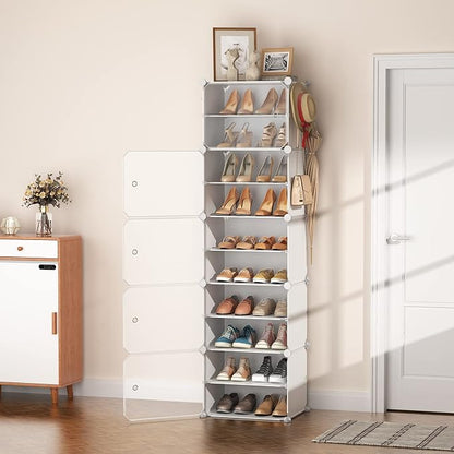 LANTEFUL 10 Tier Shoe Storage Cabinet with Door, Portable Narrow Organizer Rack for 20 Pairs, White Plastic with Hooks for Entryway or Bedroom