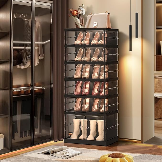 EHAMILY 6-Tier Collapsible Shoe Storage Rack - Large Plastic Shoe Organizer with Doors, Quick Assembly, Black